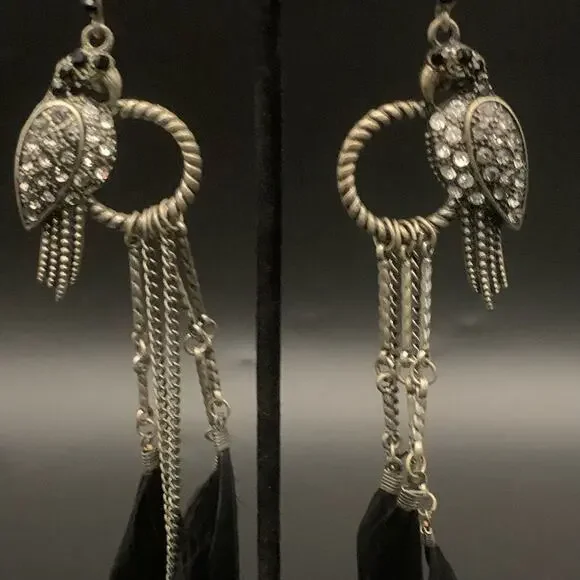 Parrot Black Feather Chandelier Dangle Statement Earrings Rhinestone Chain Link - Picture 3 of 11